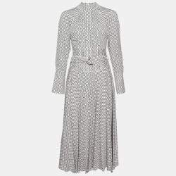 Pre Owned Diane von Furstenberg White Polka Dotted Silk Pleated Belted Dress M