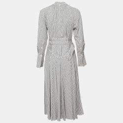 Pre Owned Diane von Furstenberg White Polka Dotted Silk Pleated Belted Dress M
