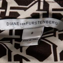Pre Owned Diane von Furstenberg Brown & White Printed Silk Knit Dilly Dress M