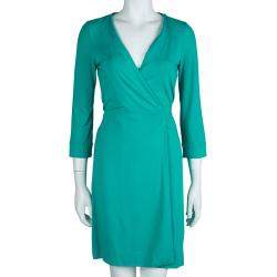 Pre Owned Diane Von Furstenberg Green Knit New Julian Two Mini Wrap Dress S