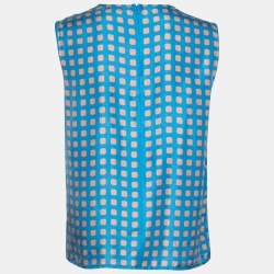 Pre Owned Diane Von Furstenberg Blue Printed Silk Ruffle Front Sleeveless Blouse M