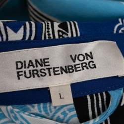 Pre Owned Diane von Furstenberg Blue Printed Silk Belted Shirt Dress L