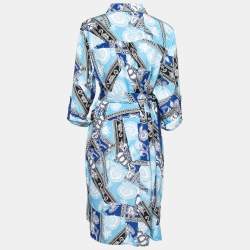 Pre Owned Diane von Furstenberg Blue Printed Silk Belted Shirt Dress L