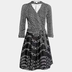 Pre Owned Diane Von Furstenberg Monochrome Printed Silk Knit Pleated Wrap Dress XL