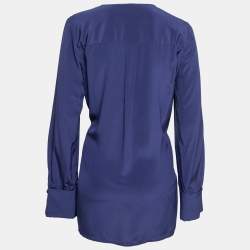 Pre Owned Diane Von Furstenberg Navy Blue Silk Neck Tie Blouse M