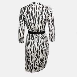 Pre Owned Diane Von Furstenberg Monochrome Printed Silk Knit Wrap Dress L