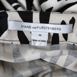 Pre Owned Diane Von Furstenberg Monochrome Printed Silk Knit Wrap Dress L
