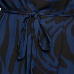 Pre Owned Diane von Furstenberg Blue & Black Printed Crepe Belted Dress L