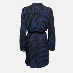 Pre Owned Diane von Furstenberg Blue & Black Printed Crepe Belted Dress L