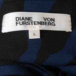 Pre Owned Diane von Furstenberg Blue & Black Printed Crepe Belted Dress L