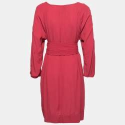 Pre Owned Diane Von Furstenberg Burgundy Crepe Long Sleeve Belted Dress L