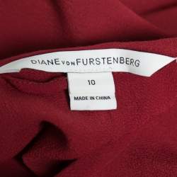 Pre Owned Diane Von Furstenberg Burgundy Crepe Long Sleeve Belted Dress L