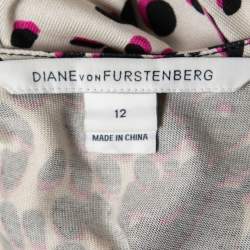 Pre Owned Diane Von Furstenberg Multicolor Printed Silk Pleated Drawstring Front Dress L