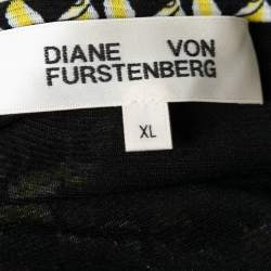 Pre Owned Diane von Furstenberg Yellow and Black Printed Side Ruched Detail Skirt XL