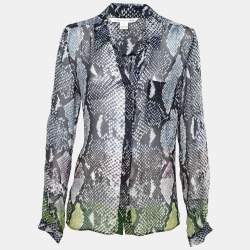 Pre Owned Diane von Furstenberg Blue Python Print Silk Chiffon Lorelei Shirt L