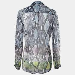Pre Owned Diane von Furstenberg Blue Python Print Silk Chiffon Lorelei Shirt L