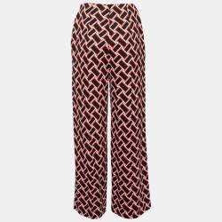 Pre Owned Diane von Furstenberg Red & Black Printed Stretch Crepe Wide-Leg Trousers M Waist 28"