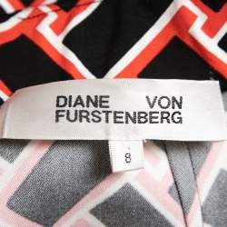Pre Owned Diane von Furstenberg Red & Black Printed Stretch Crepe Wide-Leg Trousers M Waist 28"