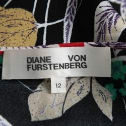 Diane von Furstenberg Black Floral Print Crepe Wrap Blouse & Skirt Set L