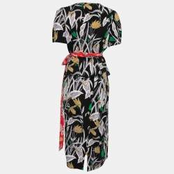 Diane von Furstenberg Black Floral Print Crepe Wrap Blouse & Skirt Set L