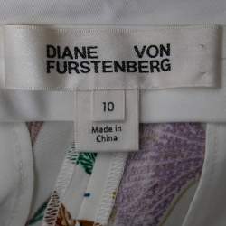 Pre Owned Diane Von Furstenberg White Floral Printed Stretch Crepe Wide Leg Trousers L