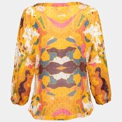 Pre Owned Diane von Furstenberg Yellow Printed Silk & Lurex Detail Peelo Blouse M