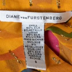 Pre Owned Diane von Furstenberg Yellow Printed Silk & Lurex Detail Peelo Blouse M
