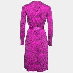 Pre Owned Diane von Furstenberg Hot Pink Floral Printed Silk Wrap Dress XS