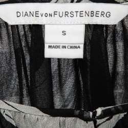 Pre Owned Diane Von Furstenberg Black Marble Print Silk Keyhole Detail Blouse S