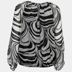 Pre Owned Diane Von Furstenberg Black Marble Print Silk Keyhole Detail Blouse S