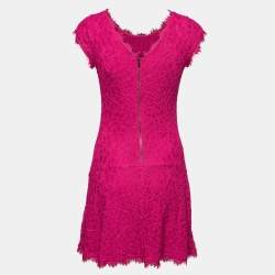 Pre Owned Diane Von Furstenberg Magenta Pink Lace Cap-Sleeve Mini Dress M