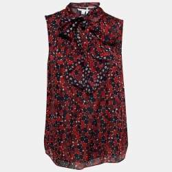 Pre Owned Diane Von Furstenberg Red Printed Silk Tie-Neck Top M