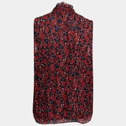 Pre Owned Diane Von Furstenberg Red Printed Silk Tie-Neck Top M