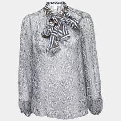 Diane Von Furstenberg Blue Printed Sheer Silk Tie-Neck Fernanda Blouse L