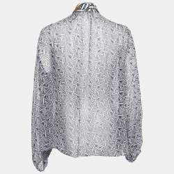 Diane Von Furstenberg Blue Printed Sheer Silk Tie-Neck Fernanda Blouse L