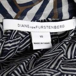 Diane Von Furstenberg Blue Printed Sheer Silk Tie-Neck Fernanda Blouse L