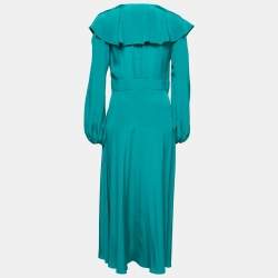 Pre Owned Diane von Furstenberg Teal Blue Silk Ruffled Wrap-Effect Dress M