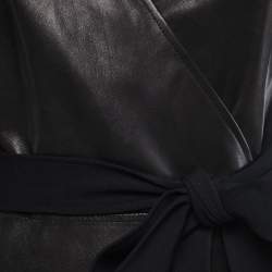 Pre Owned Diane Von Furstenberg Black Leather & Knit Wrap Midi Dress L