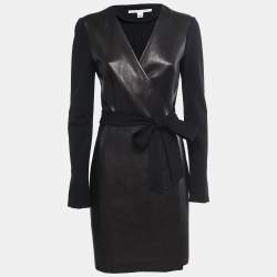 Pre Owned Diane Von Furstenberg Black Leather & Knit Wrap Midi Dress L
