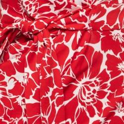 Pre Owned Diane Von Furstenberg Red and White Floral Print Faux Wrap Zoe Dress XS
