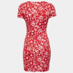 Pre Owned Diane Von Furstenberg Red and White Floral Print Faux Wrap Zoe Dress XS