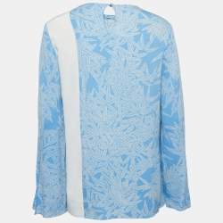 Pre Owned Diane Von Furstenberg Blue Printed Silk Contrast Top M
