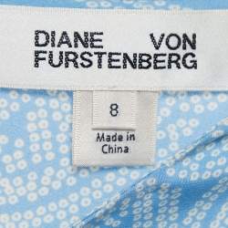 Pre Owned Diane Von Furstenberg Blue Printed Silk Contrast Top M