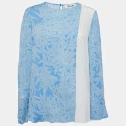 Pre Owned Diane Von Furstenberg Blue Printed Silk Contrast Top M