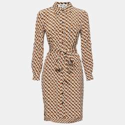 Pre Owned Diane Von Furstenberg Orange Printed Silk Belted Shirt Dress XS