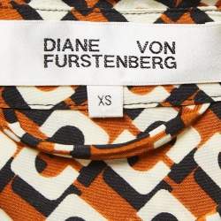 Pre Owned Diane Von Furstenberg Orange Printed Silk Belted Shirt Dress XS