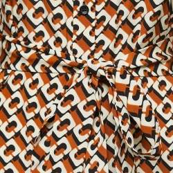 Pre Owned Diane Von Furstenberg Orange Printed Silk Belted Shirt Dress XS