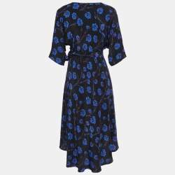 Diane Von Furstenberg Black/Blue Floral Printed Silk Wrap Midi Dress XS