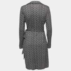 Pre Owned Diane von Furstenberg Black Printed Jersey-Silk Jeanne Wrap Dress L