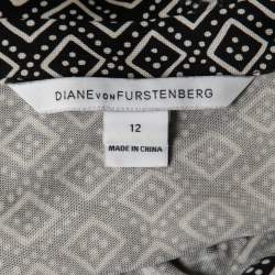 Pre Owned Diane von Furstenberg Black Printed Jersey-Silk Jeanne Wrap Dress L